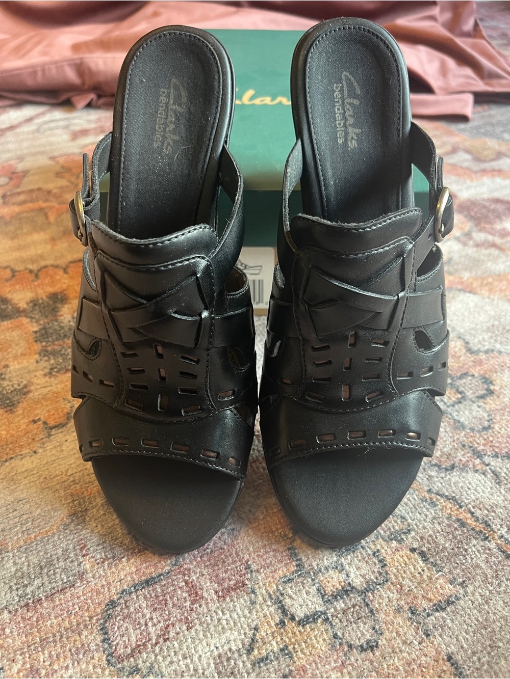 Clarks Bendables Bermuda Blue Black Leather Wedge Slide Sandals Women’s 8.5 NIB